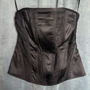 Black Satin and Lace Strapless Zip Up Corset Top
